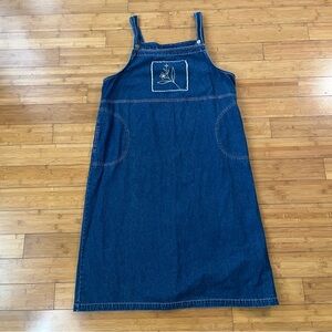 Vintage Cottagecore Denim Overalls Midi Dress with Embroidered Flower Patch